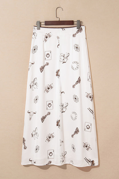 Beige Western Print Lace Trim Waist Side Zip Plus Size Maxi Skirt