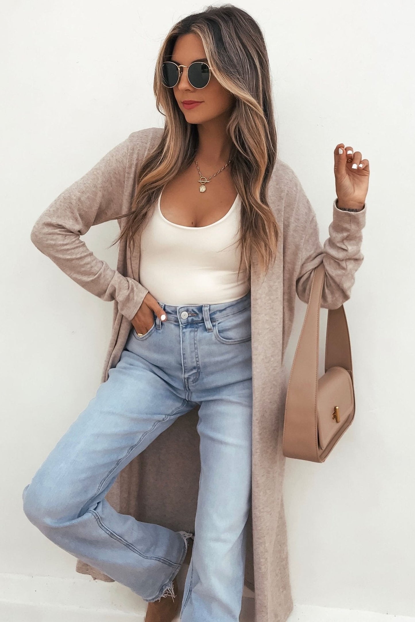 Parchment Solid Color Long Sleeve Casual Tunic Shift Cardigan
