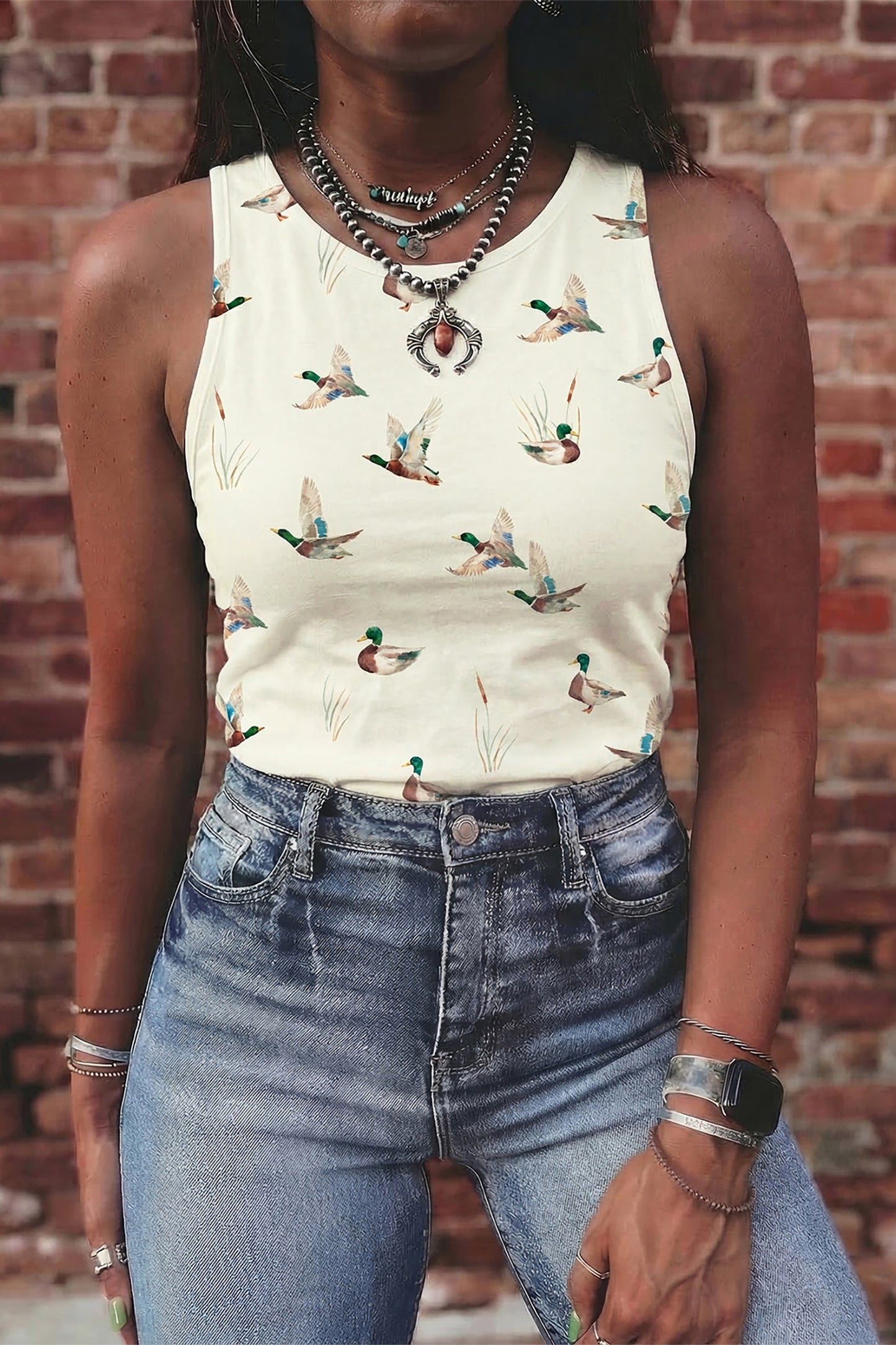 Beige Mallard Print Western Style Tank Top