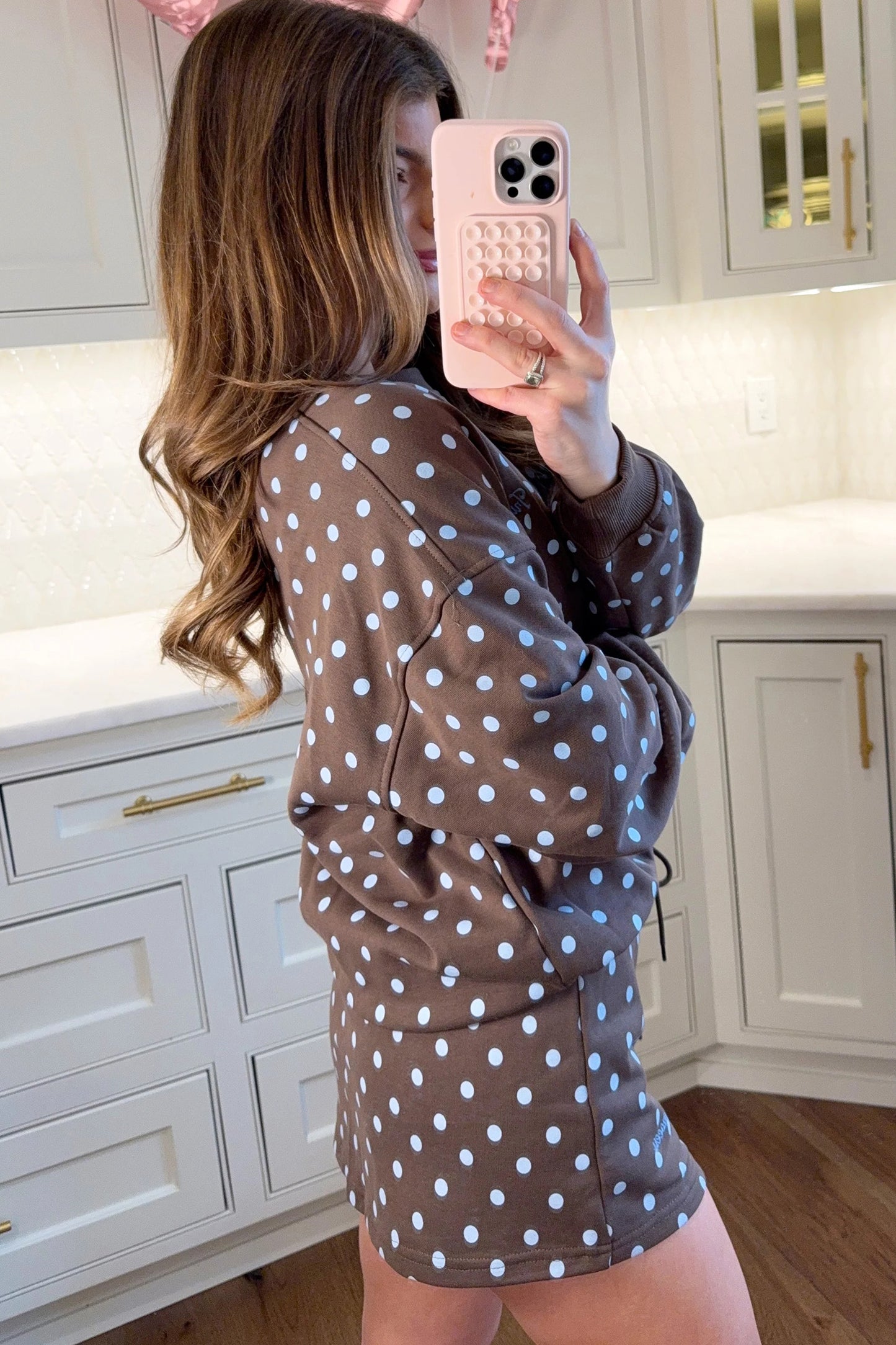 Brown Polka Dot Long Sleeve Pullover Embroidered Bow Detail 2pcs Skort Set
