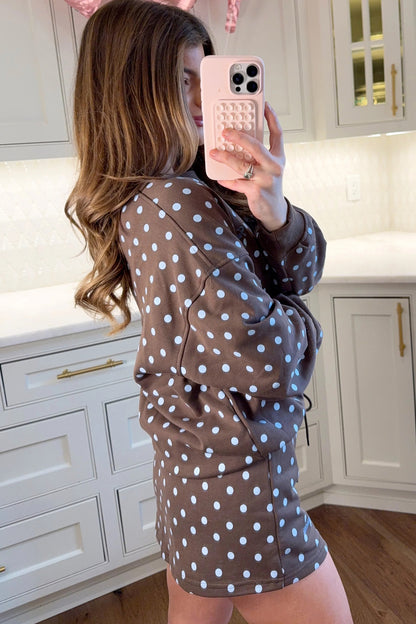 Brown Polka Dot Long Sleeve Pullover Embroidered Bow Detail 2pcs Skort Set