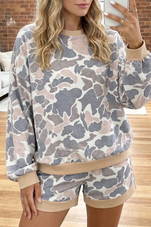 Camo 2 Piece Long Sleeve Top and Shorts Set