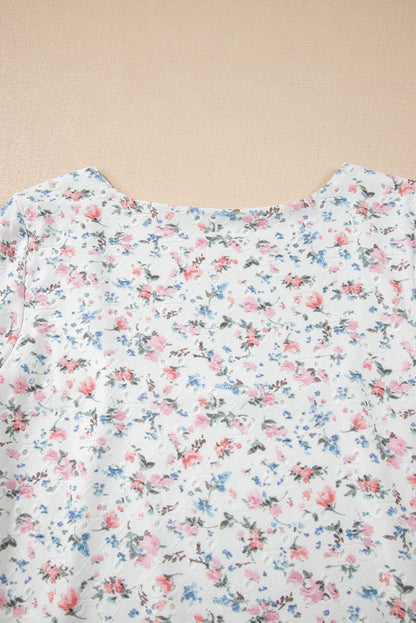 White Floral Print Long Sleeve Top