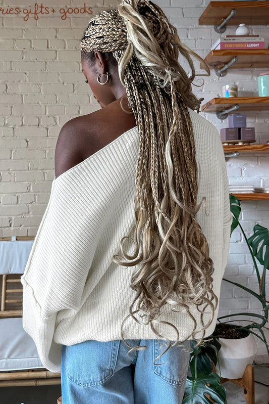 White Neck Drop Shoulder Baggy Slouchy Sweater