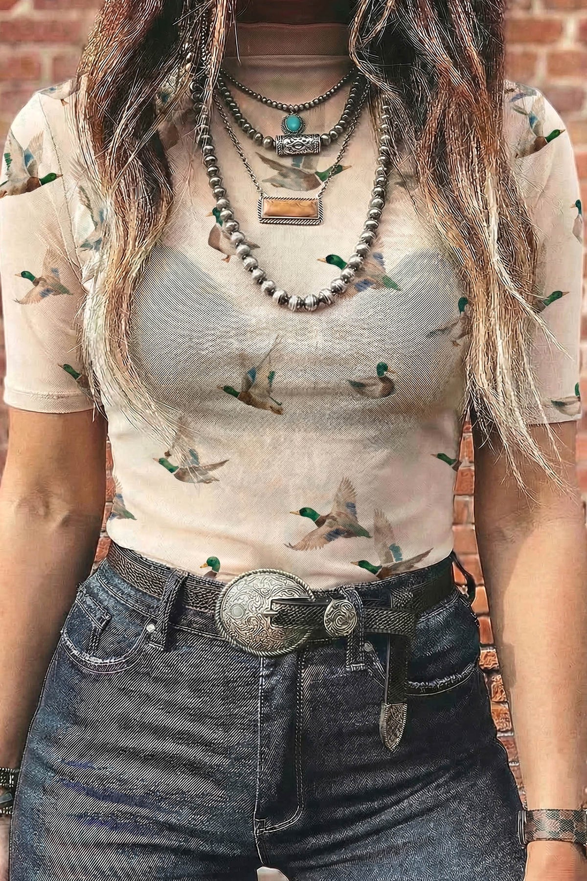 Beige Mallard Sheer Mesh Short Sleeve Top