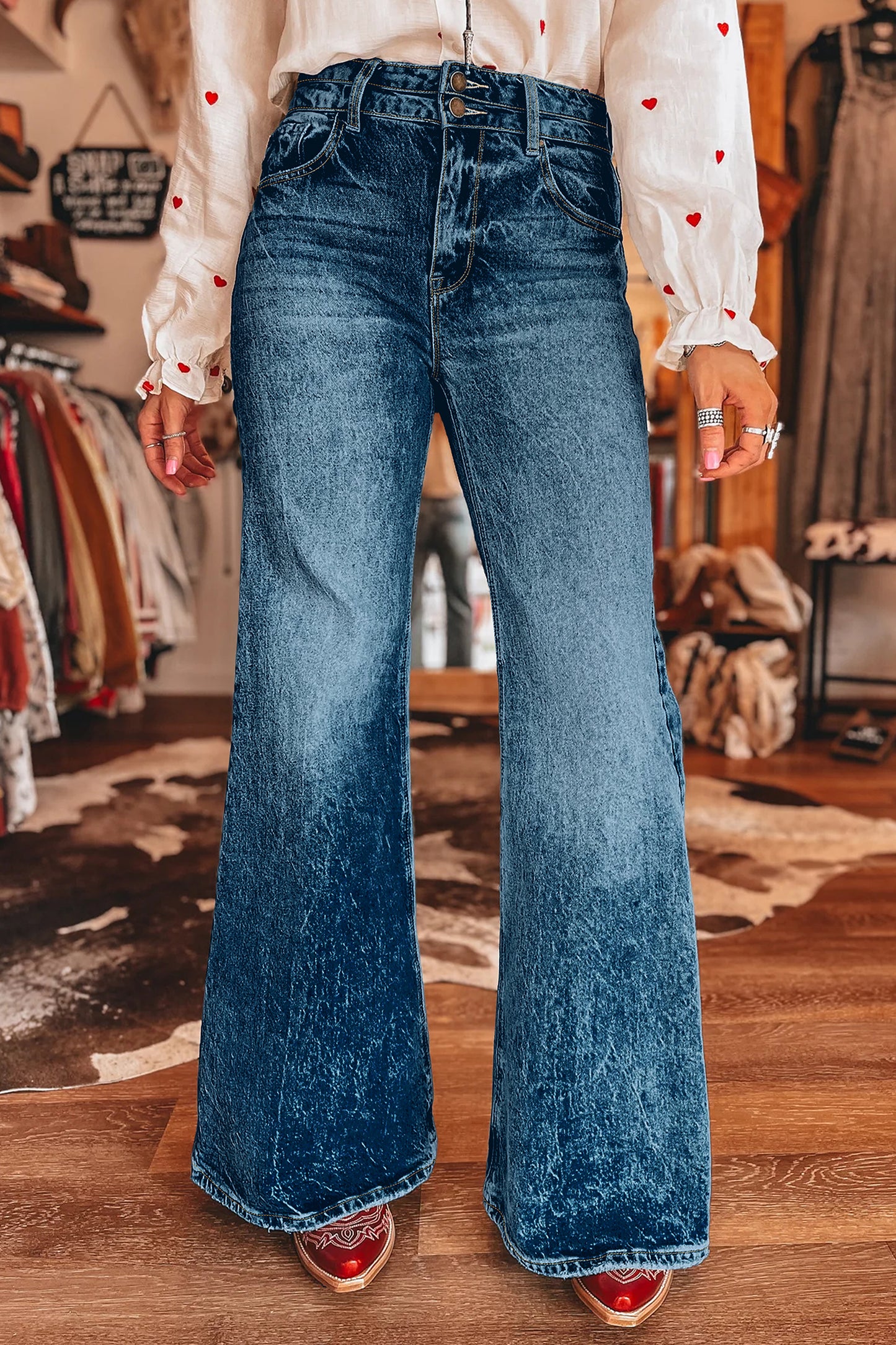 Blue Acid Wash Pocket Detail Flare Jeans