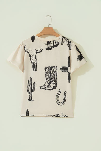 Beige Retro Western Print T Shirt