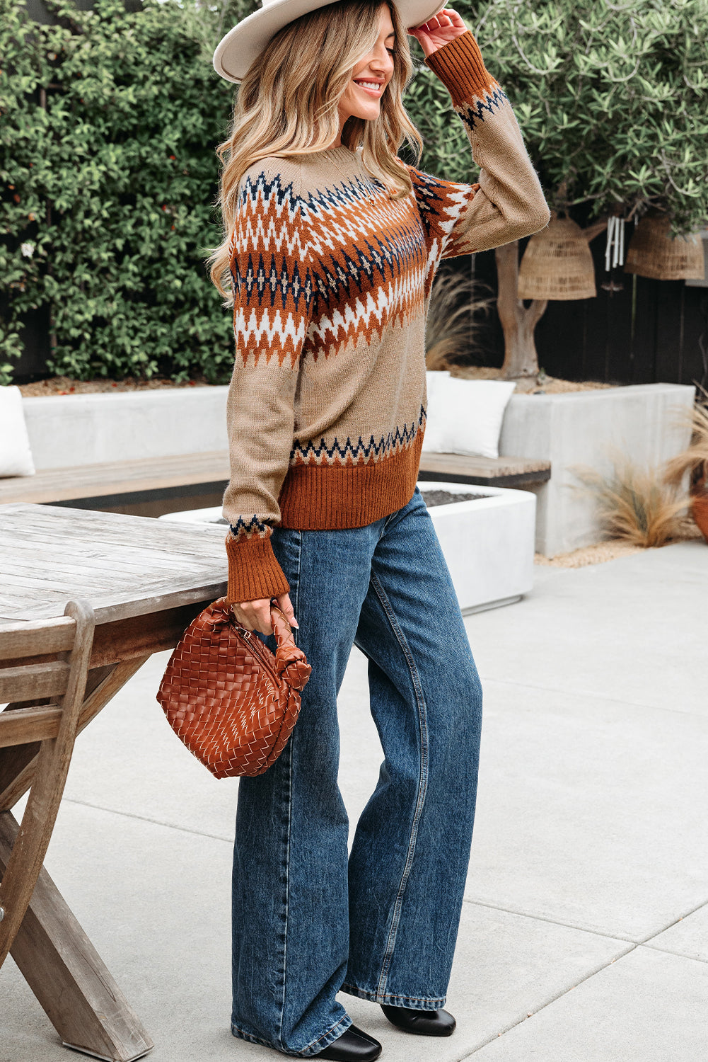 Khaki Aztec Print Colorblock Sweater