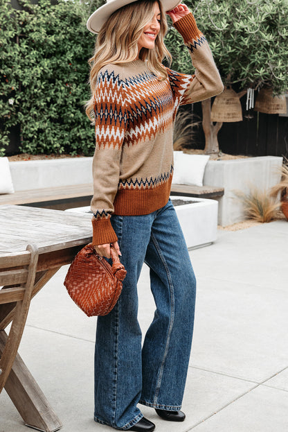 Khaki Aztec Print Colorblock Sweater