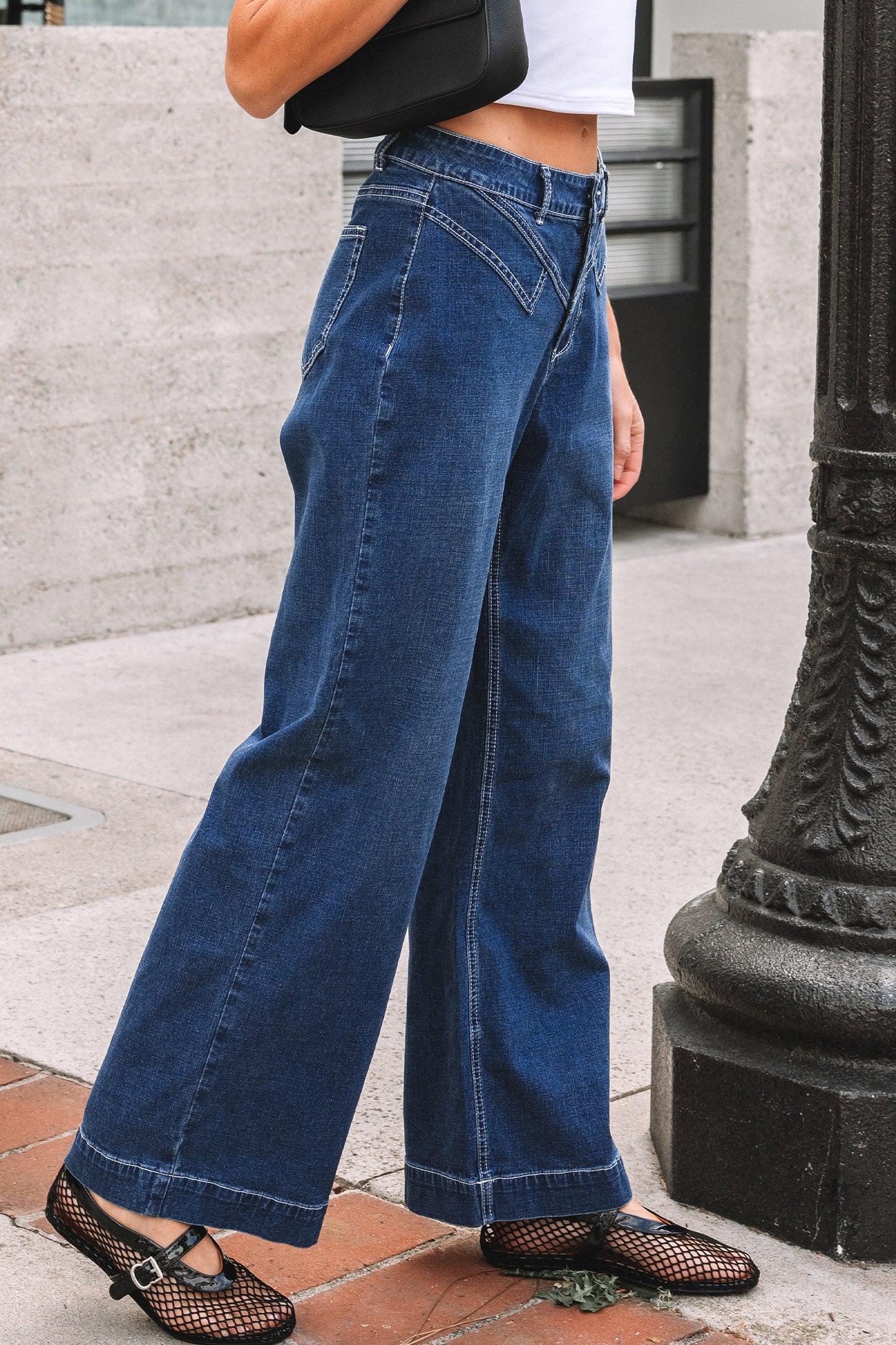Western Stitched Waist Detail Loose Cuffed Jeans