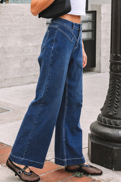 Western Stitched Waist Detail Loose Cuffed Jeans