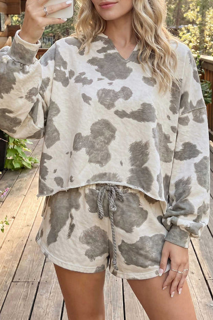 Cow Western Print Long Sleeve Top Drawstring Shorts Set