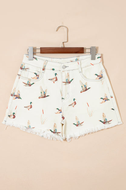 Beige Wild Duck Mallard High Waist Frayed Denim Shorts