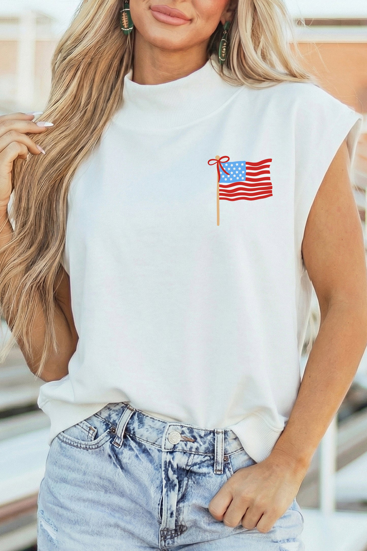 White Patriotic Flag Double Printed Mock Neck Tee