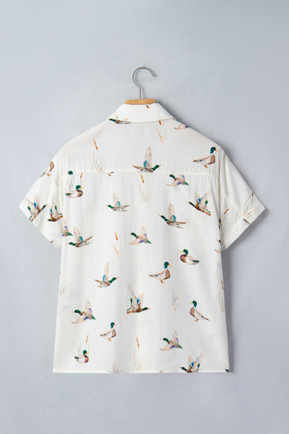 White Mallard Printed Button Flap Pocket Short Sleeve Shirt