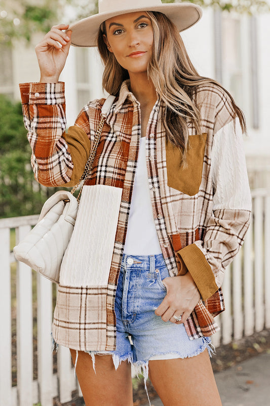 Orange Plaid Patchwork Shirt Jacket with Pocket