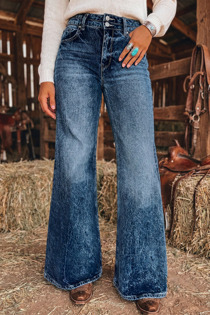Blue Acid Wash Pocket Detail Flare Jeans