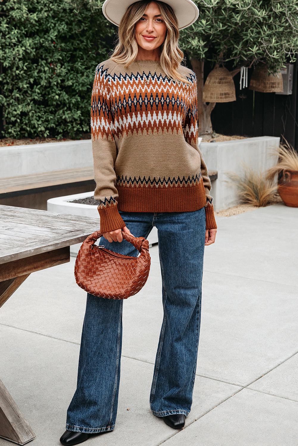 Khaki Aztec Print Colorblock Sweater