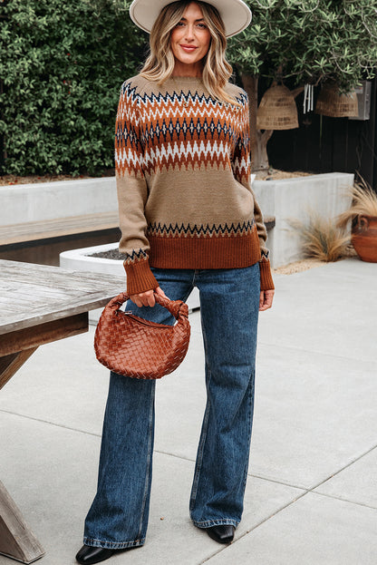 Khaki Aztec Print Colorblock Sweater