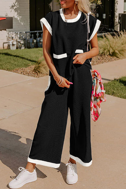 Navy Blue Color Block Pocketed T Shirt and Wide Leg Pants Set