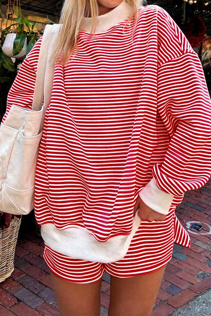 Green Stripe Oversize Mock Neck Sweatshirt and Shorts Set