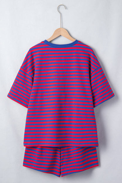 Green Stripe Striped Ribbed Cotton Two-Piece Pant Set with Chest Patch Detail
