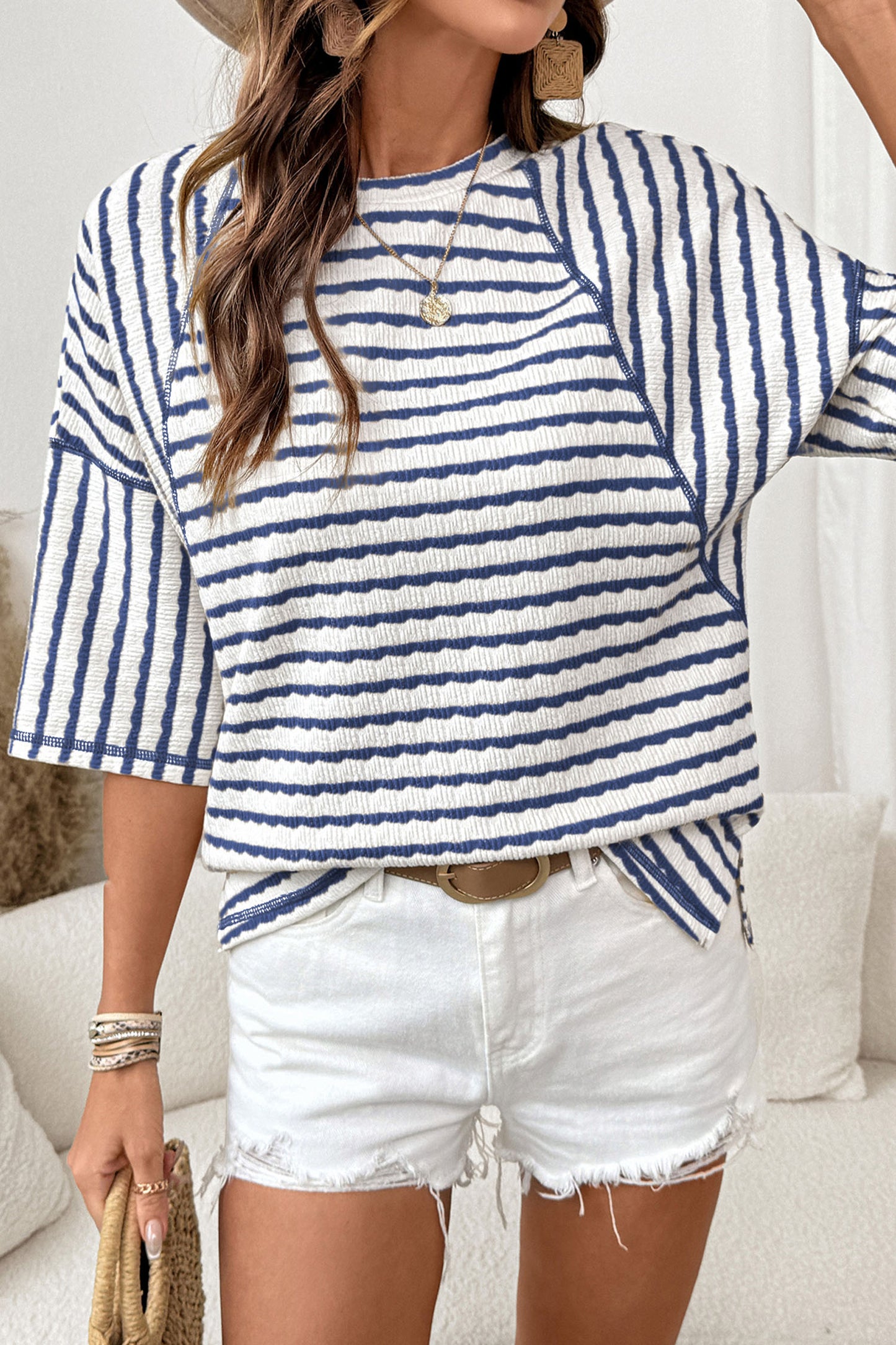 Stripe Textured Knit Half Sleeve Top