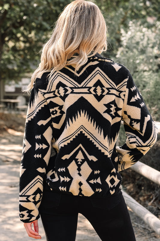 Black Western Aztec Half Placket Sweatshirt