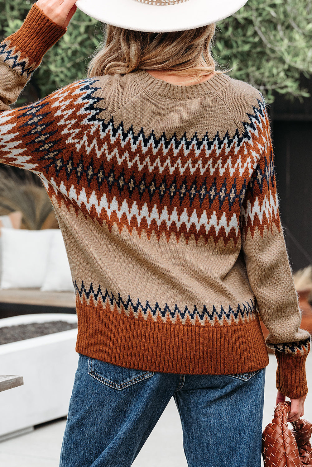 Khaki Aztec Print Colorblock Sweater