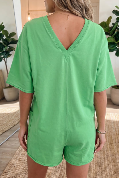 Pink Solid Color Raw Edge Half Sleeve Pocketed Loose Romper