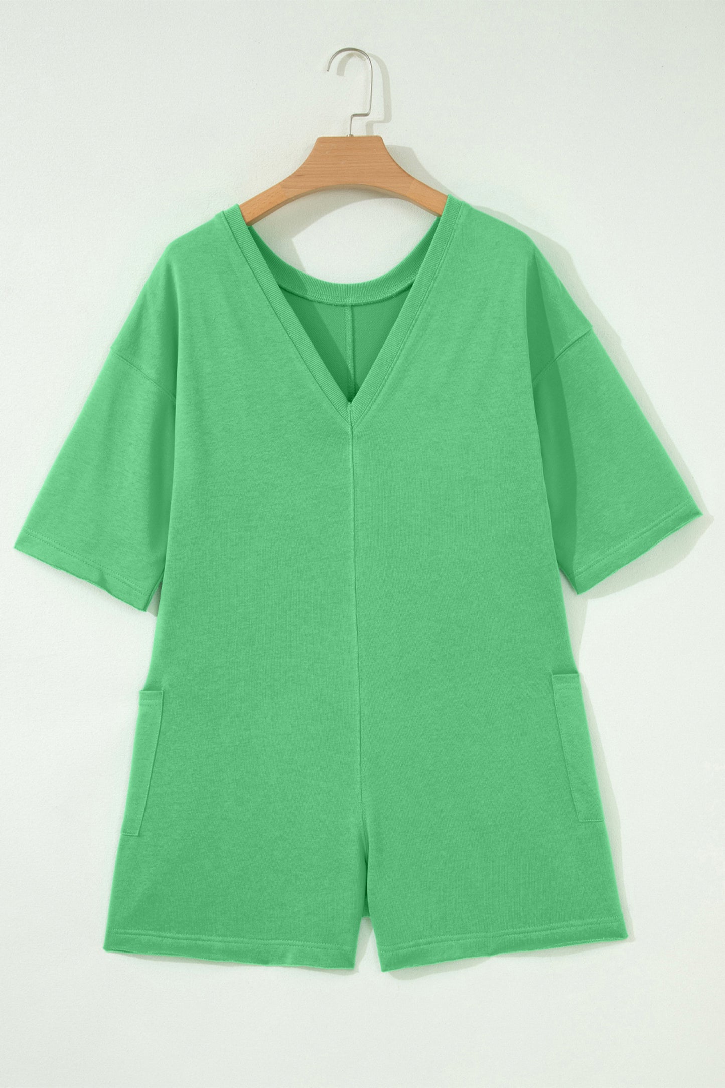 Pink Solid Color Raw Edge Half Sleeve Pocketed Loose Romper