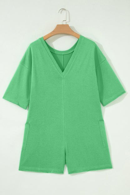 Pink Solid Color Raw Edge Half Sleeve Pocketed Loose Romper