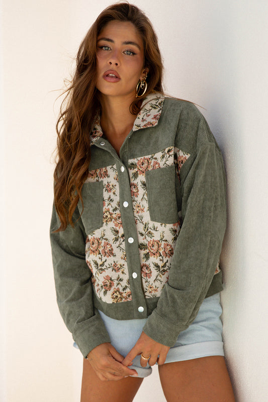 Andy Sage Green Ribbed Retro Floral Patchwork Shirt Style Jacket