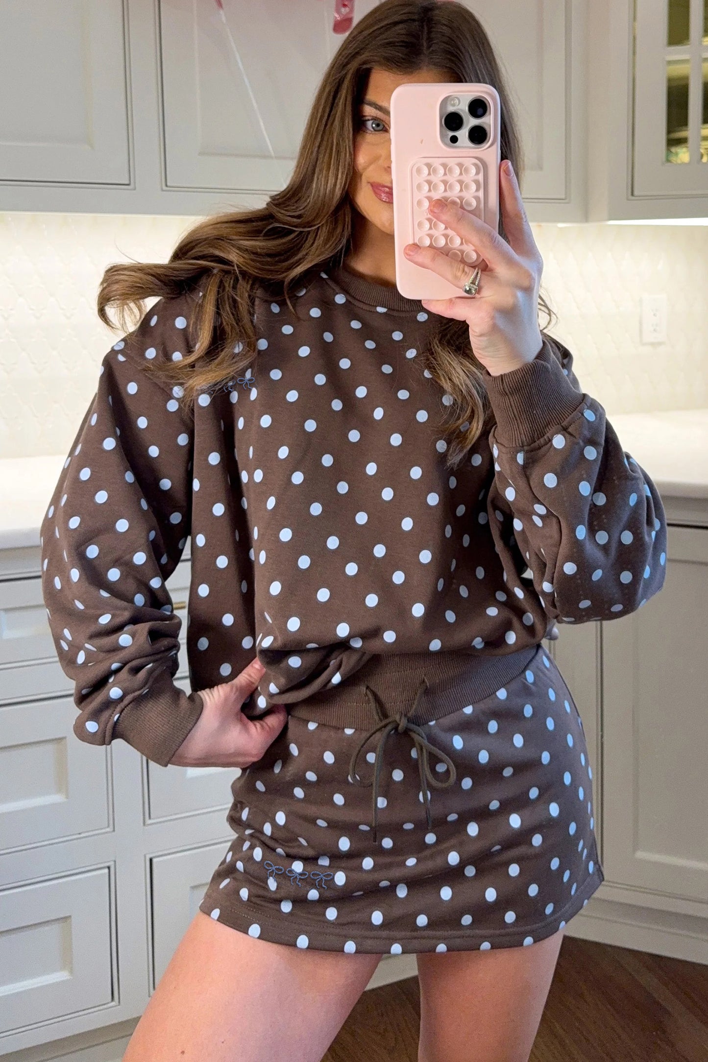 Brown Polka Dot Long Sleeve Pullover Embroidered Bow Detail 2pcs Skort Set