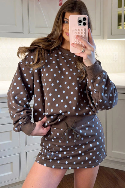 Brown Polka Dot Long Sleeve Pullover Embroidered Bow Detail 2pcs Skort Set