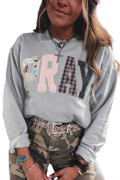 Gray Floral Buffalo Plaid Striped Embroidered Patch Western Pullover Sweatshirt
