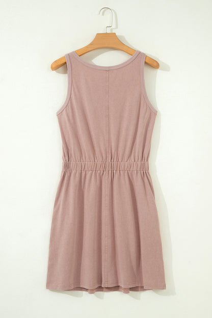 Smoke Gray Mineral Wash U Neck Elastic Waist Sleeveless Mini Dress