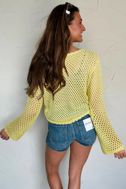 White Scalloped Trim Hollow Out Knit Long Sleeve Top