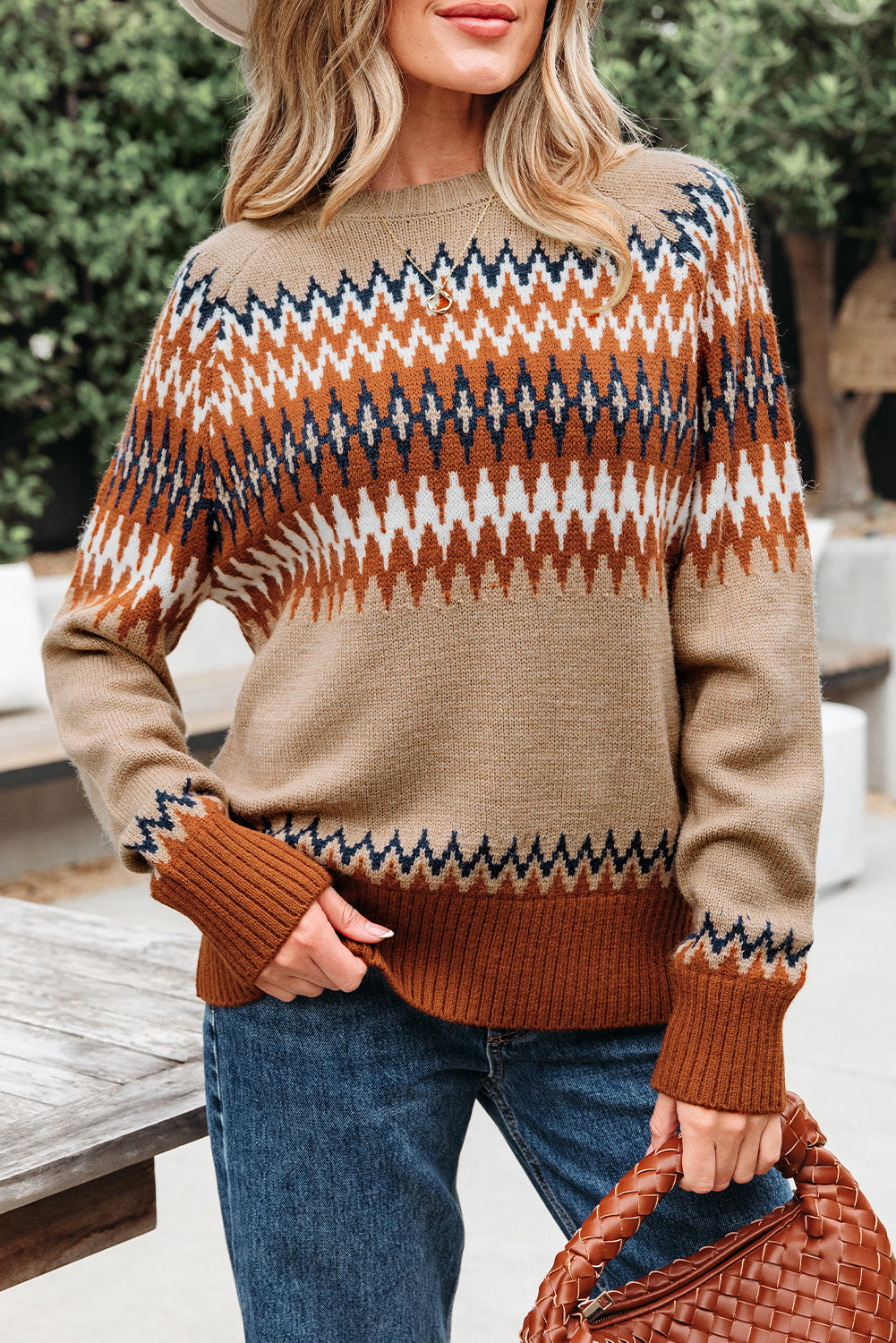 Khaki Aztec Print Colorblock Sweater