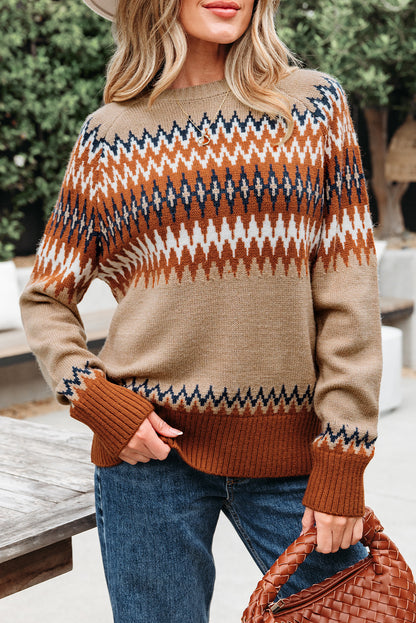 Khaki Aztec Print Colorblock Sweater