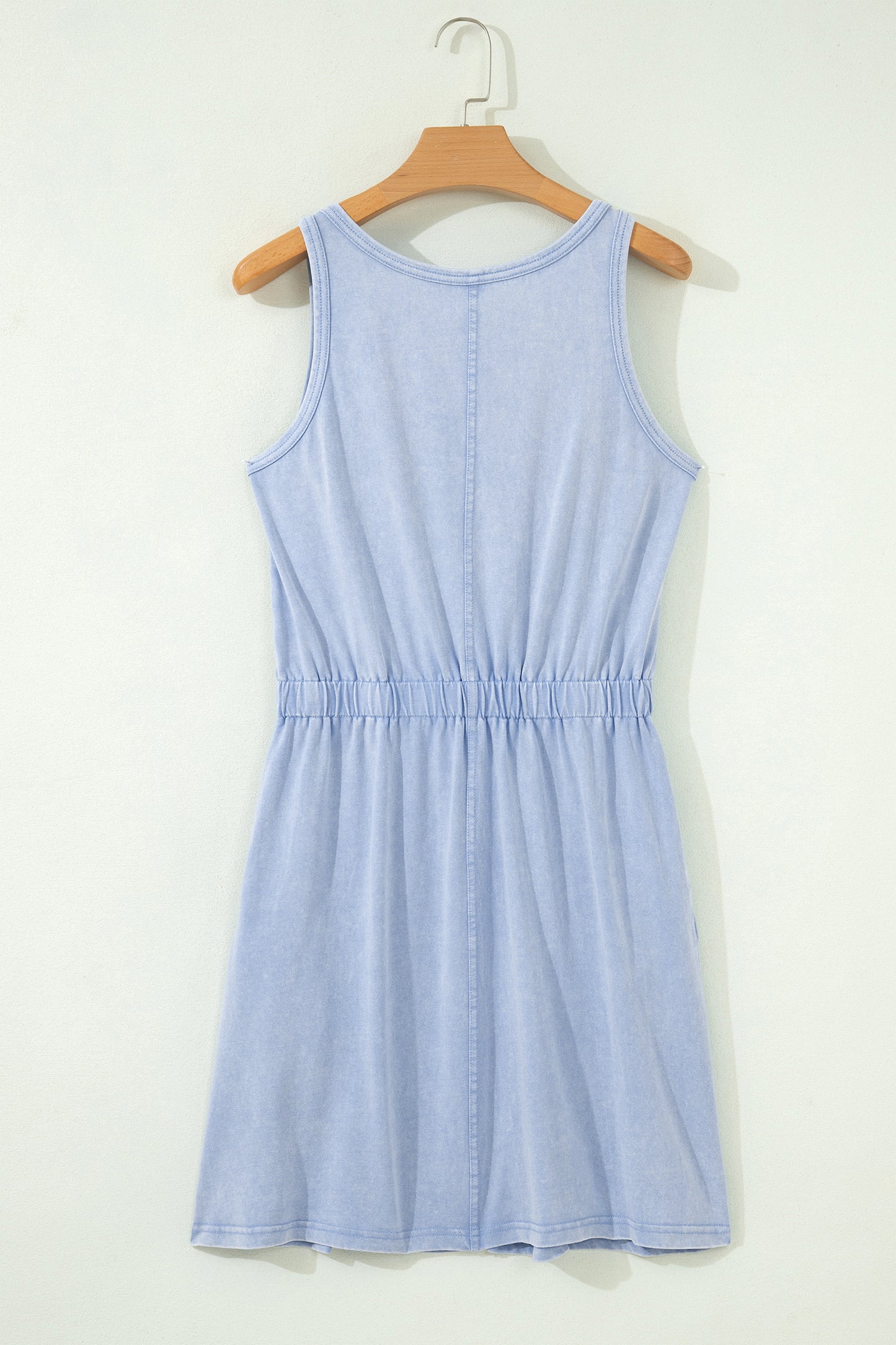 Smoke Gray Mineral Wash U Neck Elastic Waist Sleeveless Mini Dress