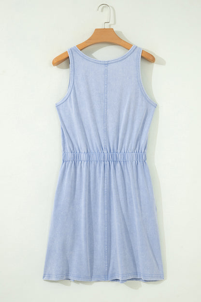 Smoke Gray Mineral Wash U Neck Elastic Waist Sleeveless Mini Dress