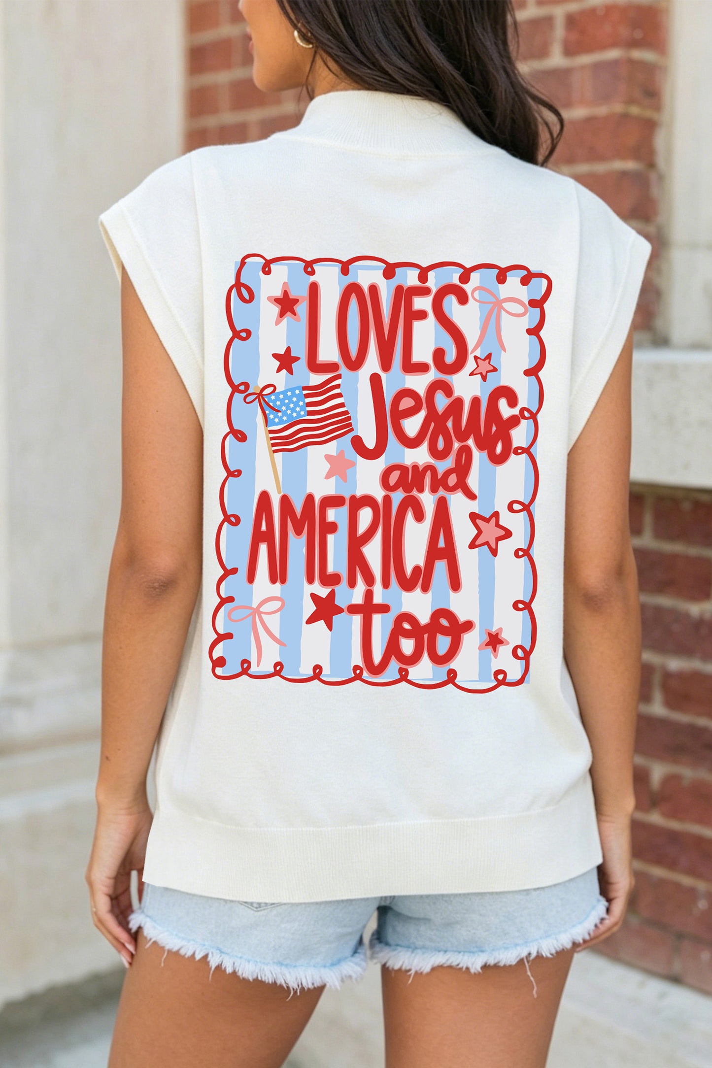 White Patriotic Flag Double Printed Mock Neck Tee