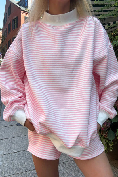 Green Stripe Oversize Mock Neck Sweatshirt and Shorts Set