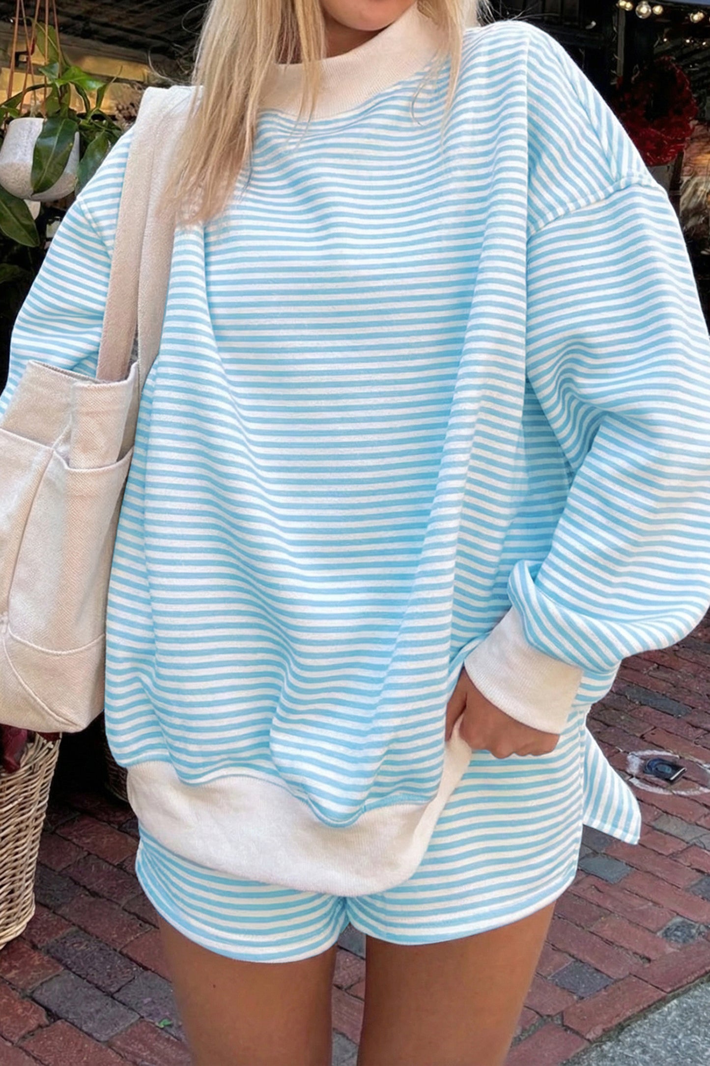 Green Stripe Oversize Mock Neck Sweatshirt and Shorts Set