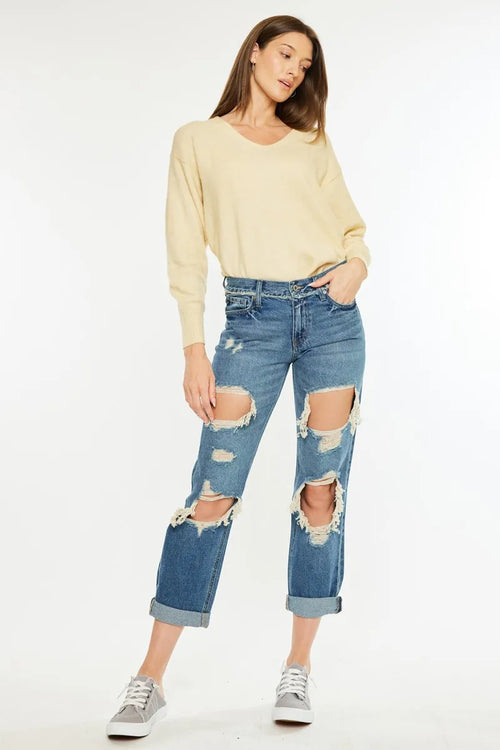 Kancan Distressed Mid Rise True Boyfriend Jeans