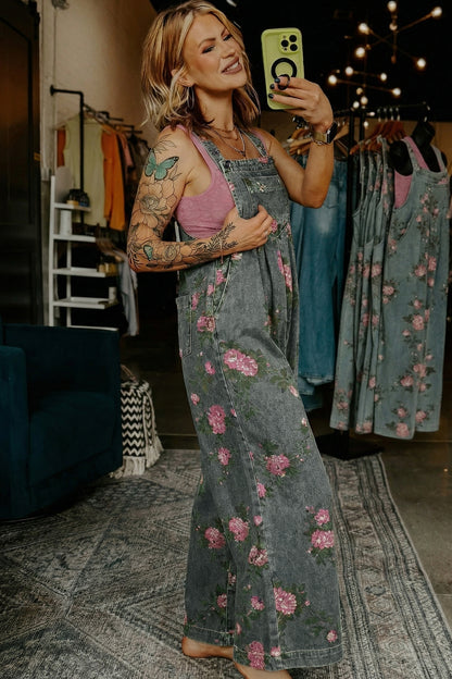 Blue Beau Floral Print Pleated High Waist Wide Leg Denim Jumpsuit