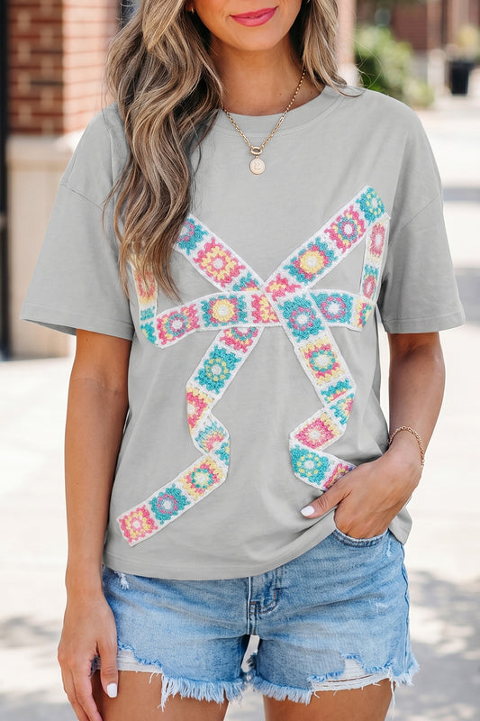 Ribbon Bow Patched Cotton T Shirt