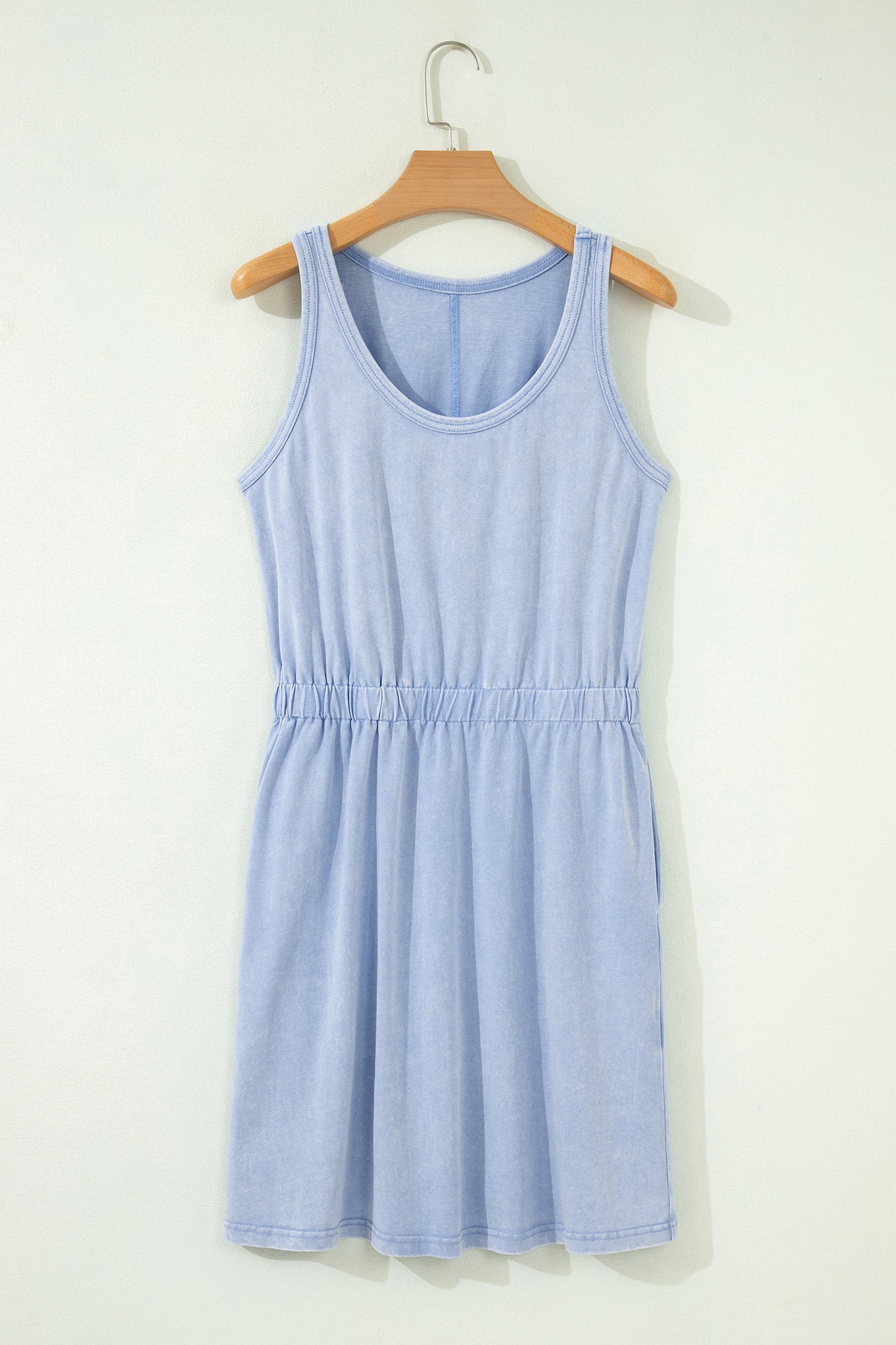 Smoke Gray Mineral Wash U Neck Elastic Waist Sleeveless Mini Dress