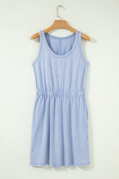 Smoke Gray Mineral Wash U Neck Elastic Waist Sleeveless Mini Dress